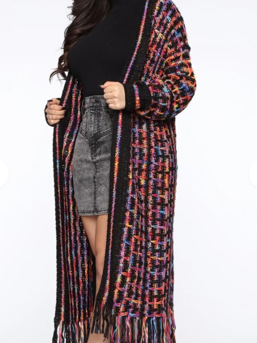Fashion Nova Black Multicolor Fringe Knit Duster Cardigan